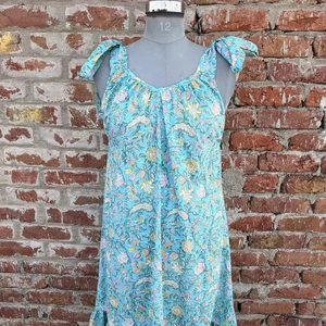 Hand Block Printed Indian Cotton Maxi Dress Breathable Long Gown with O-Neckline Tie Dye Woven Technique Natural Waistline