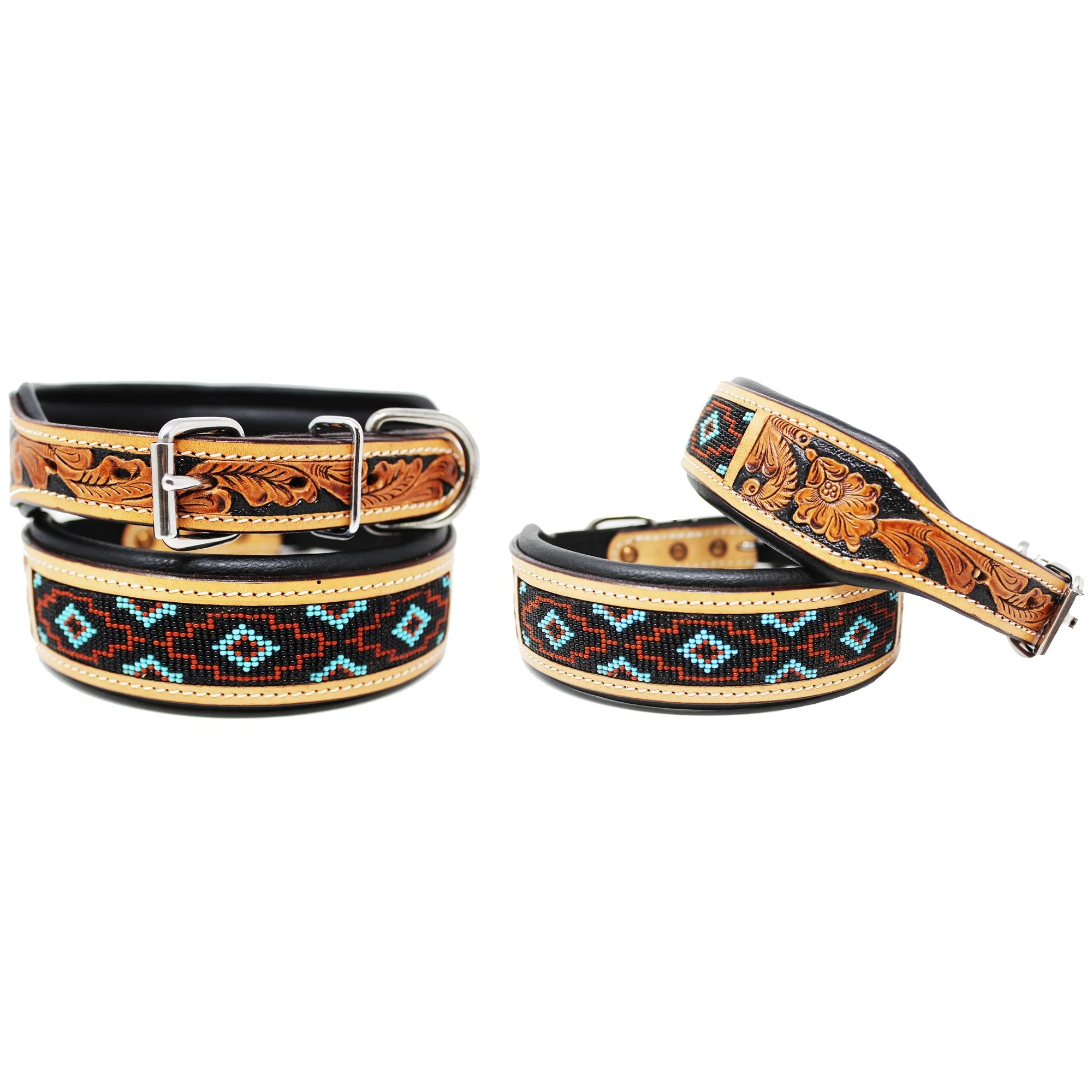 Beaded Cow Leather Western Style Dog Collar With Floral Hand Tooled