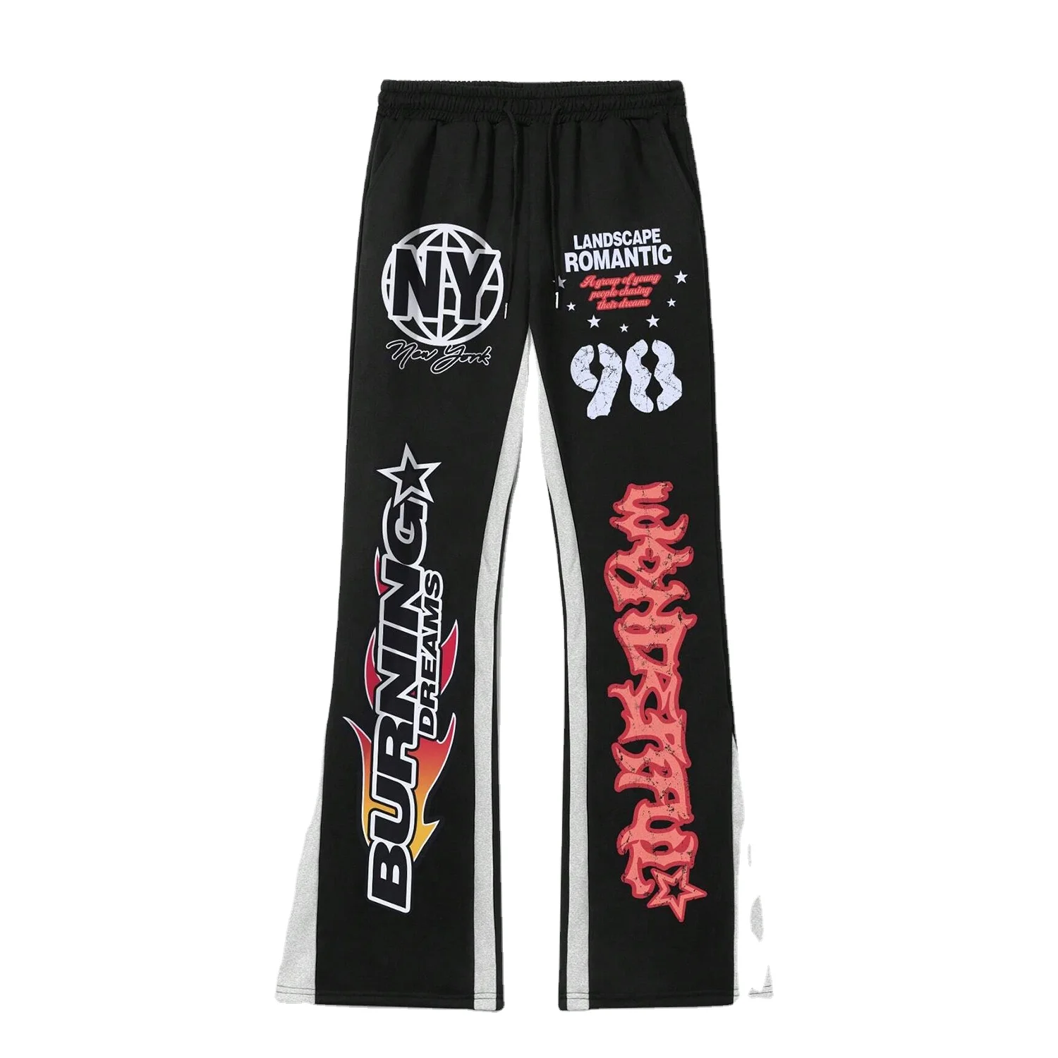 Custom Mens Sweatpants High-Quality DTG Printed Bell Bottom Joggers with Contrast Color Letter Patchwork Design Free Mock-up