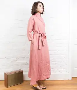 Women's Eco-Friendly Linen V-Neck Wrap Maxi Dress Long Sleeve Kimono with Belt Pockets Natural Waistline Woven Weave