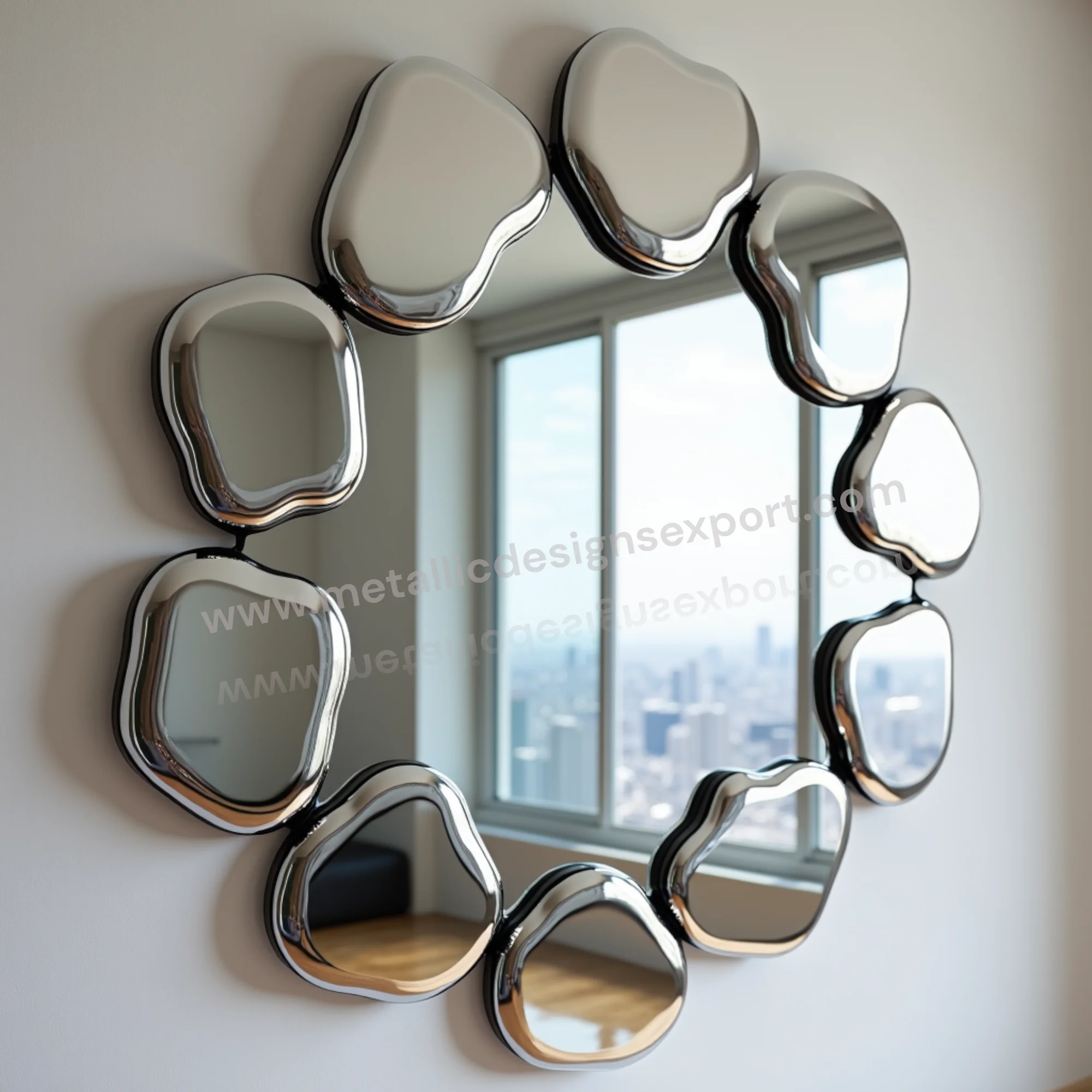 Luxury Abstract Round Mirror with Glossy Rippled Frame Modern Artistic Design Perfect for Chic Living Rooms Contemporary Spaces