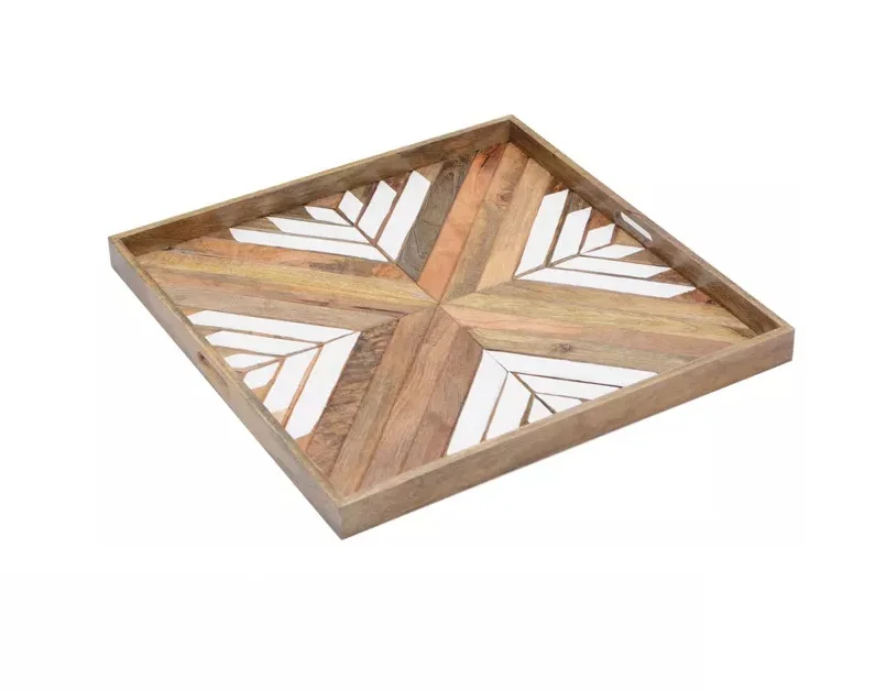 Wood Marble Serving Plater Tray Breakfast Tray In Mango Wood Round