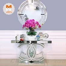Hot Crushed Diamond CC Glass Mirrored Console Table With Wall Mirror LED Lighting for Hallway Living Room Entrance