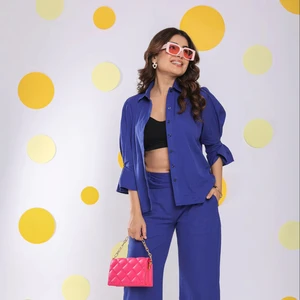 Summer Women Wear Linen Shirt With Long Sleeve & Collar Neckline Casual Western Style Solid Royal Blue Shirt Available Big Size