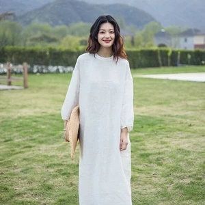 Women's Summer Midi Dress Linen Clothing Long Sleeves Casual Minimalist Style Plus Size Maternity Dress Woven Weaving Method