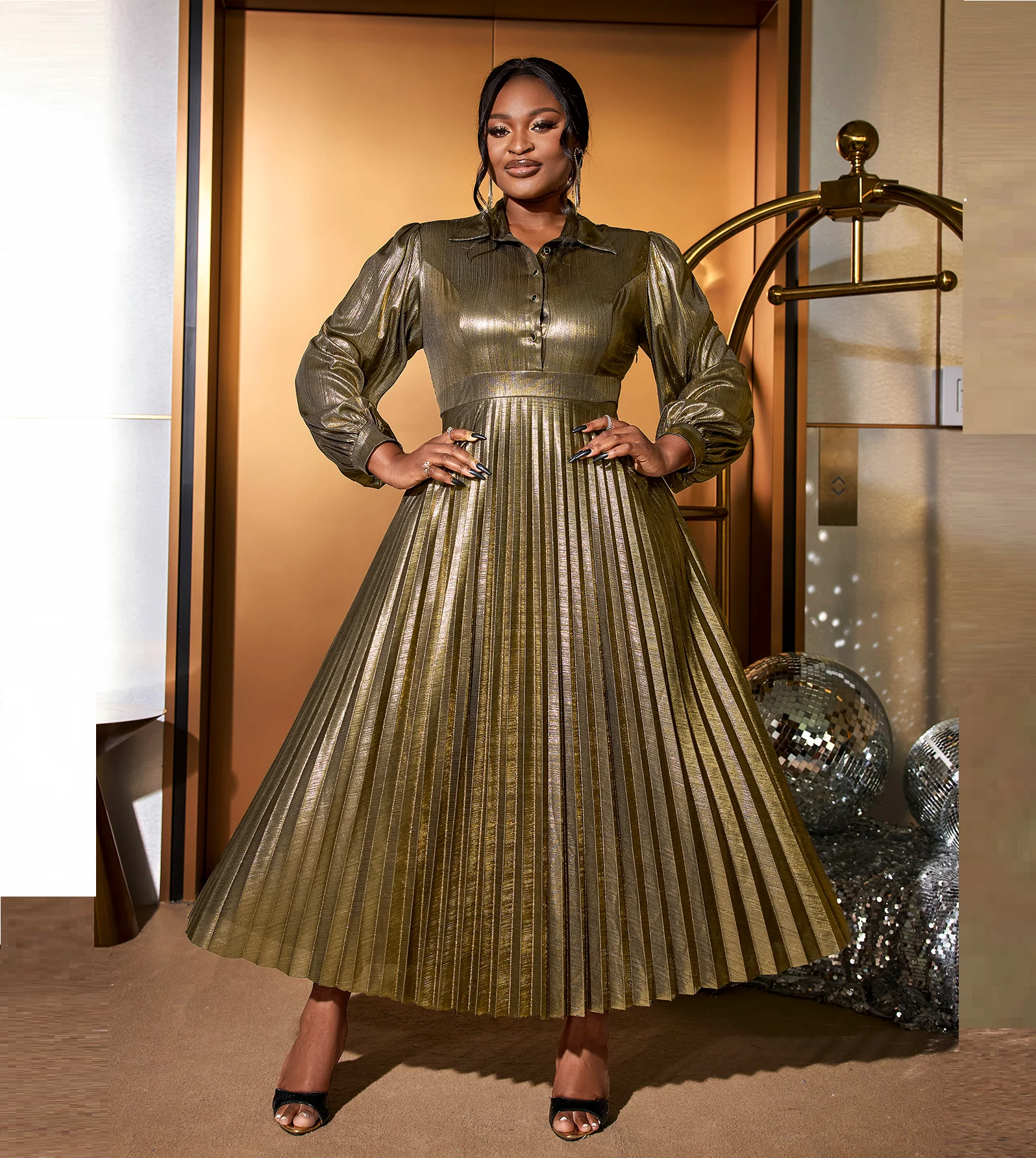 a line autumn dresses Long Lantern Sleeve Turn Down Collar Career Pleated Dress Dark Navy Mother Of BridalOccasion Color:Ivory&Wine Red Featured in a Chocolate