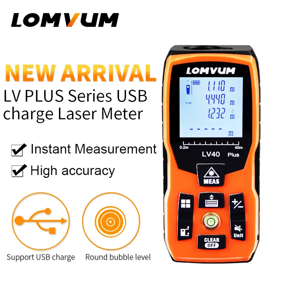 LOMVUM LV Plus NEW USB Bubble Charging Level 100m Rangefinders Digital Laser Distance Meter Tape