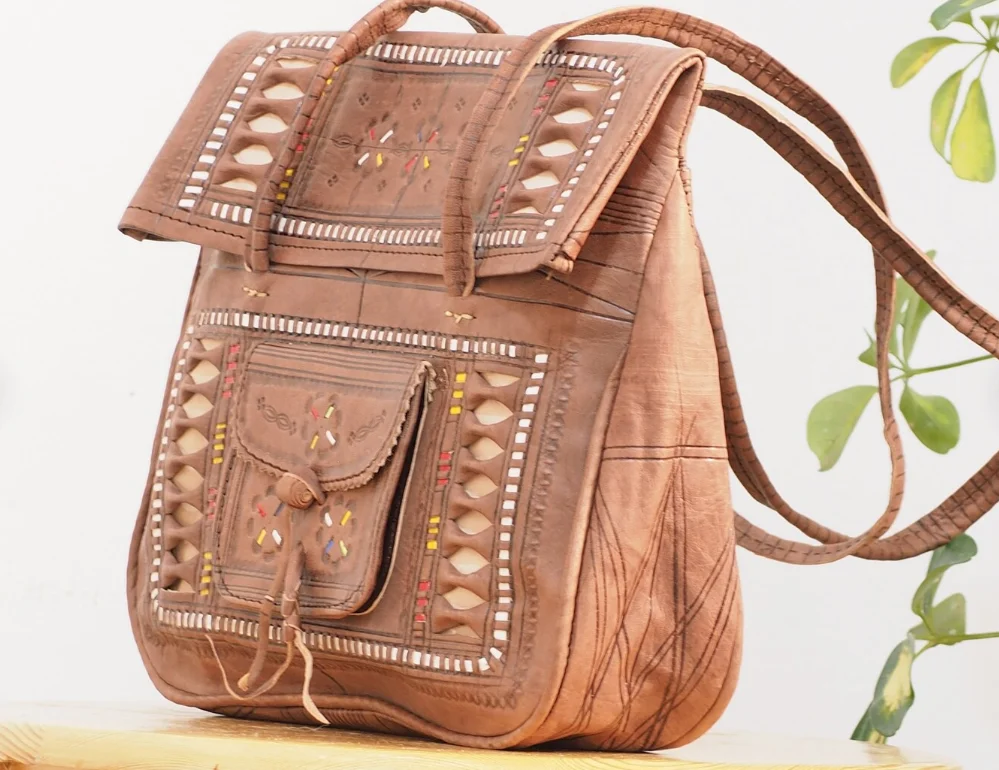 Moroccan Leather Shoulder Bag In Natural Leather Handmade Vintage
