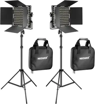 NEEWER 2 Pack Bi Color 660 LED Video Light and Stand Kit: (2) 3200-5600K CRI 96+ Dimmable Light with U Bracket and Barndoor