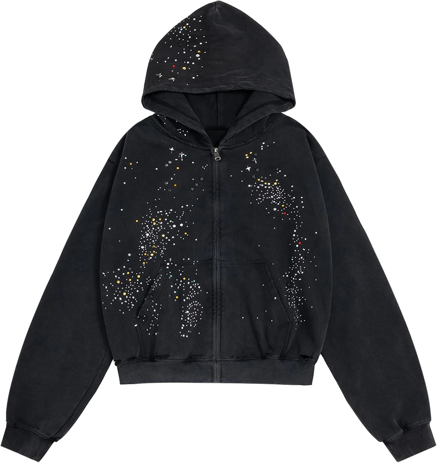 Glory Custom Logo Rhinestone Star Hoodie Manufacturer Heavyweight 360GSM Cotton Fleece Zip-Up Luxury Bling Crystal Unisex Hoodie