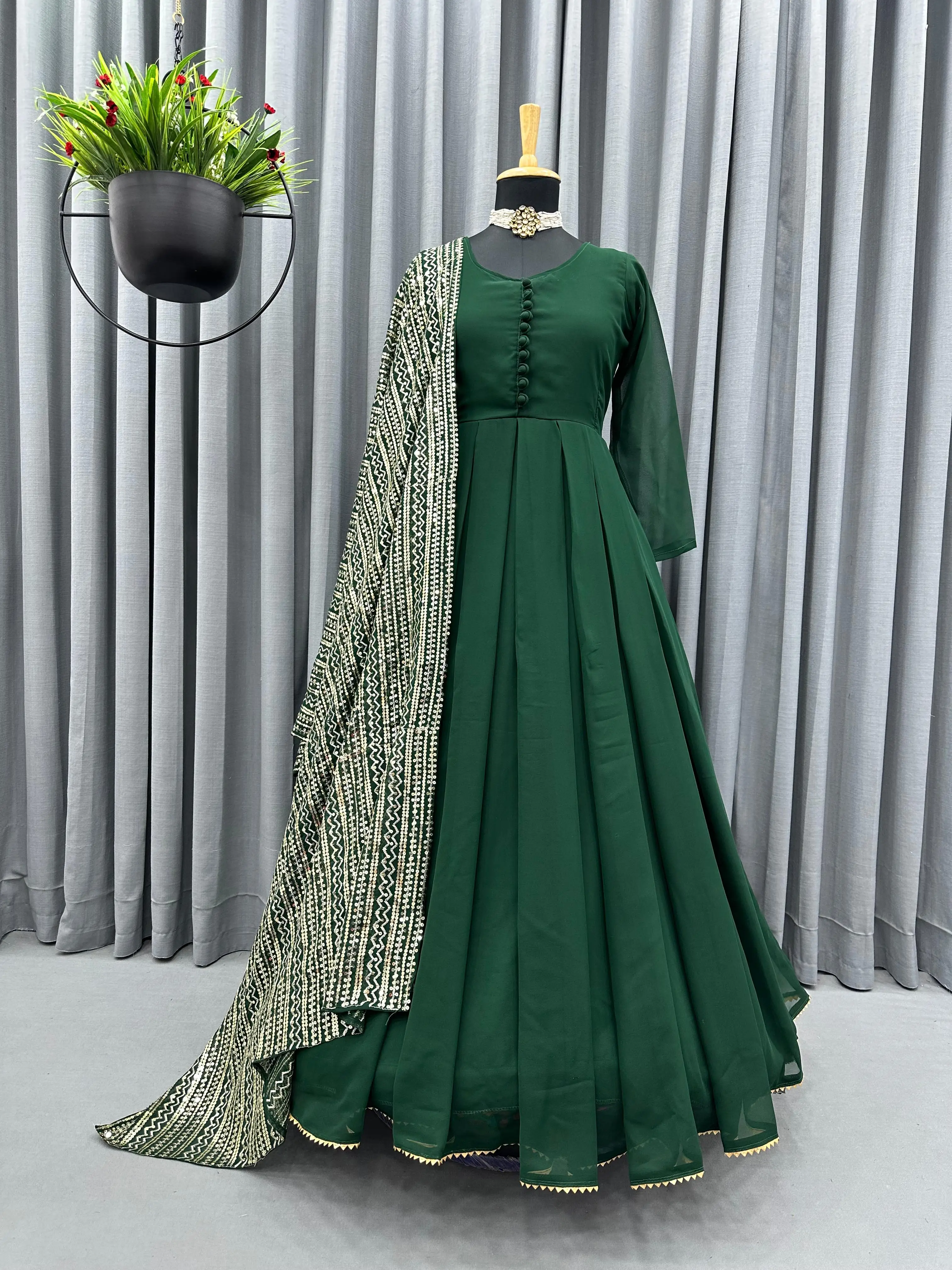 Vintage Indian Pakistani Designer Gown with Heavy Embroidery Sequence Work Wedding Party Wear Top and Dupatta Lace Decorated