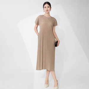 Miyake Pleated Dress Women's Summer New Style Solid Color Short Sleeve Loose Temperament Mid-length Dress Casual Dress
