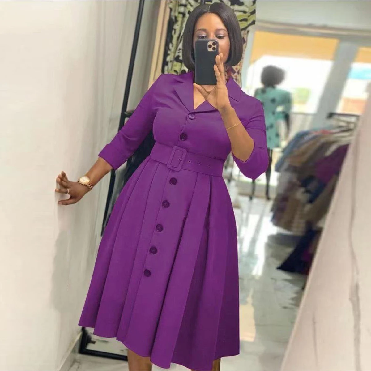 Butttons Belt Lady Summer Products American Clothing Career Dresses