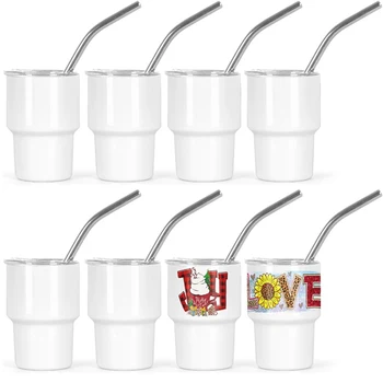 2 oz  3 oz Mini Sublimation Blank White Shot Glass Tumblers cup with Lid and Straw Insulated Coffe Mug Personalized Shot Glasses
