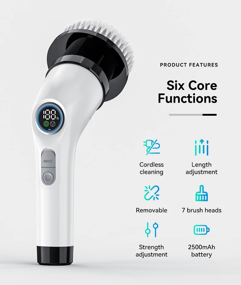 2024 A12 New Cordless Voice Prompt 2500mAh Cordless Electric Spin Scrubber Electric Brush For Cleaning