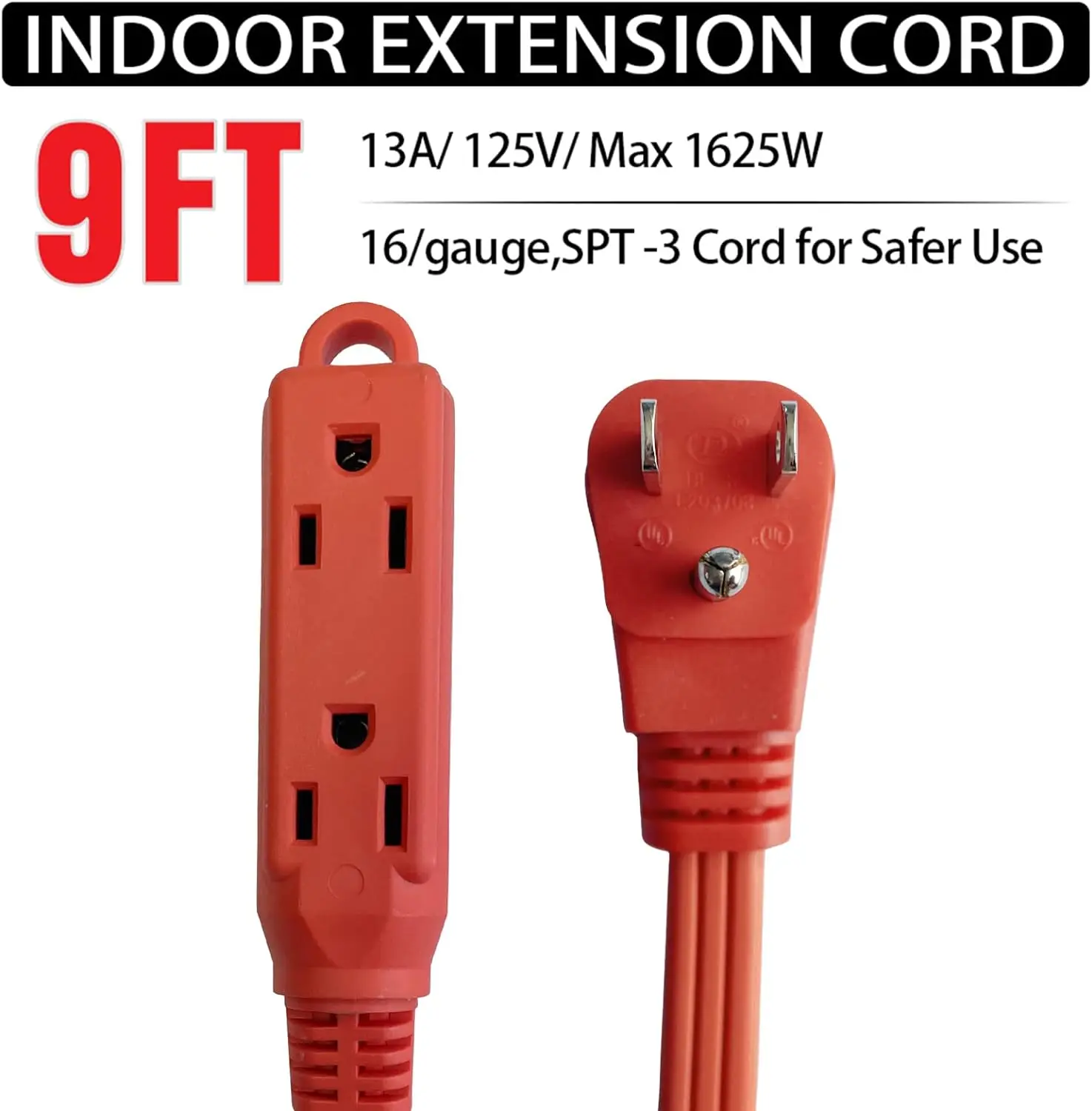 9 Ft 3 Outlet Extension Cord With Flat Plug,3 Prong Grounded,16/3 Spt3 Durable Power Cable For