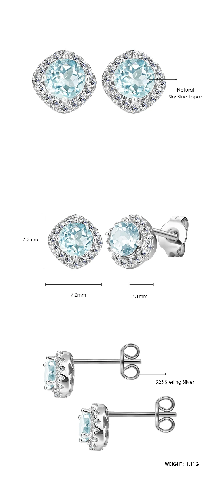 Hypoallergenic 925 Sterling Silver Natural Gemstone Jewelry Blue Topaz