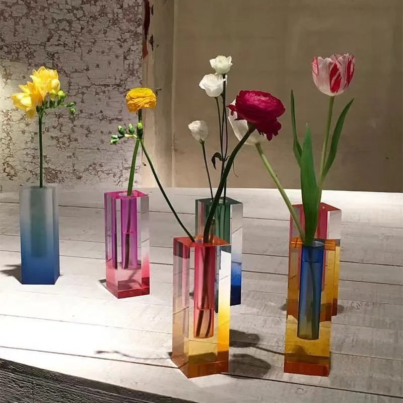 Customizable Coloured Acrylic Flower Vase Rectangular Centerpieces Display Plexiglass Flower Vase