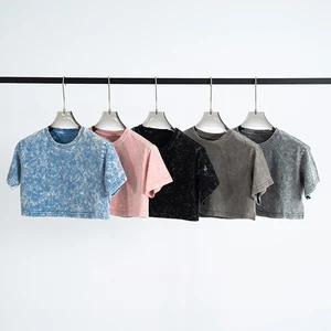 Summer Dyed Bottom Wash Water to Make Old Short Mini T-shirt Hot Girl Loose Short-sleeved Women's Top