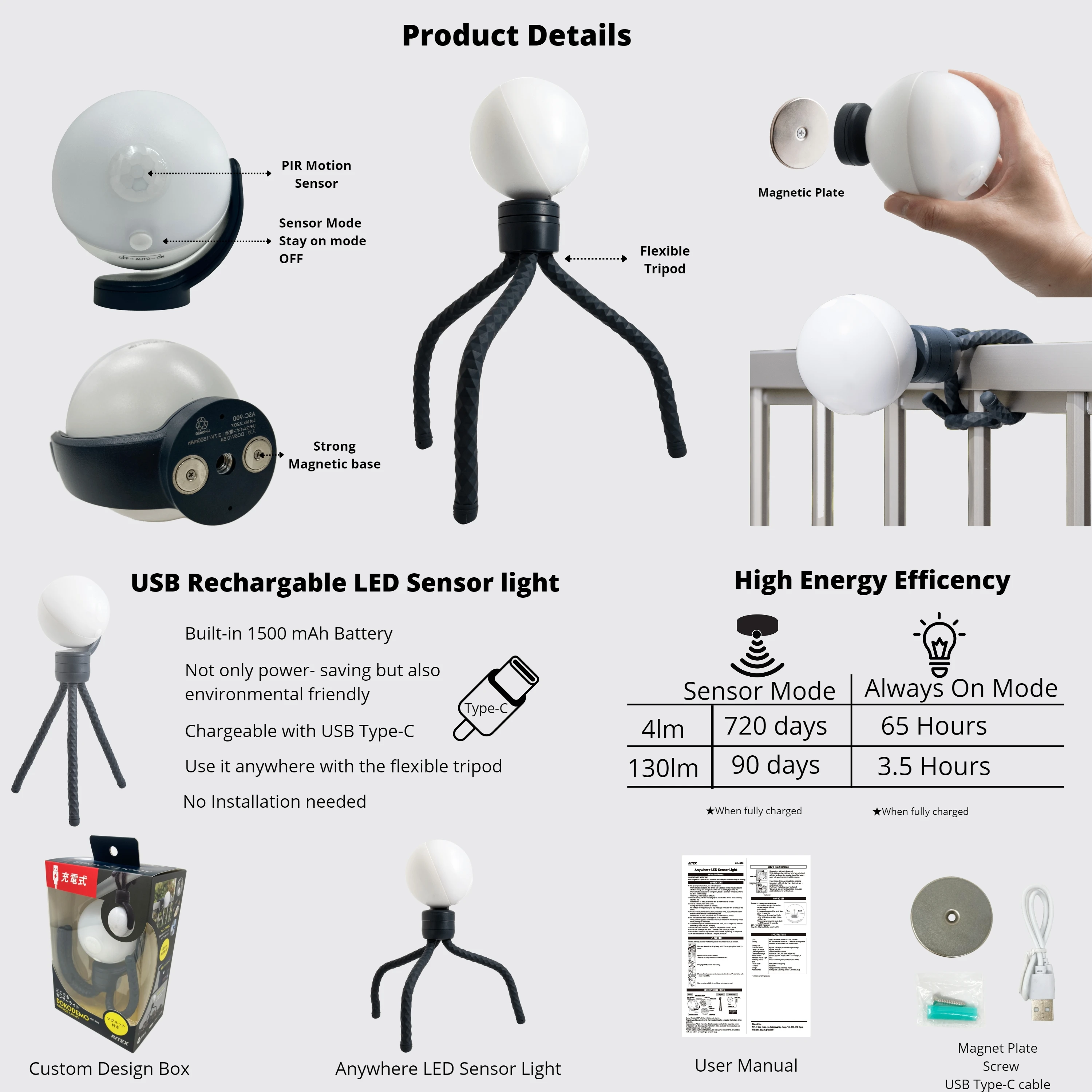 Rechargeable Led Security Lights Motion Sensor Light Outdoor Ip65