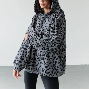 High Quality Embroidered Gray Leopard Print Fleece Waterproof Eco-Friendly Hoodie Women Oversized Pullover Winter Autumn Custom