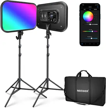 NEEWER 18.3" RGB LED Video Panel Light with App Control, 2 Pack Stand Kit, 360 Full Color/2500K~8500K/CRI97+/17 Scene Effects