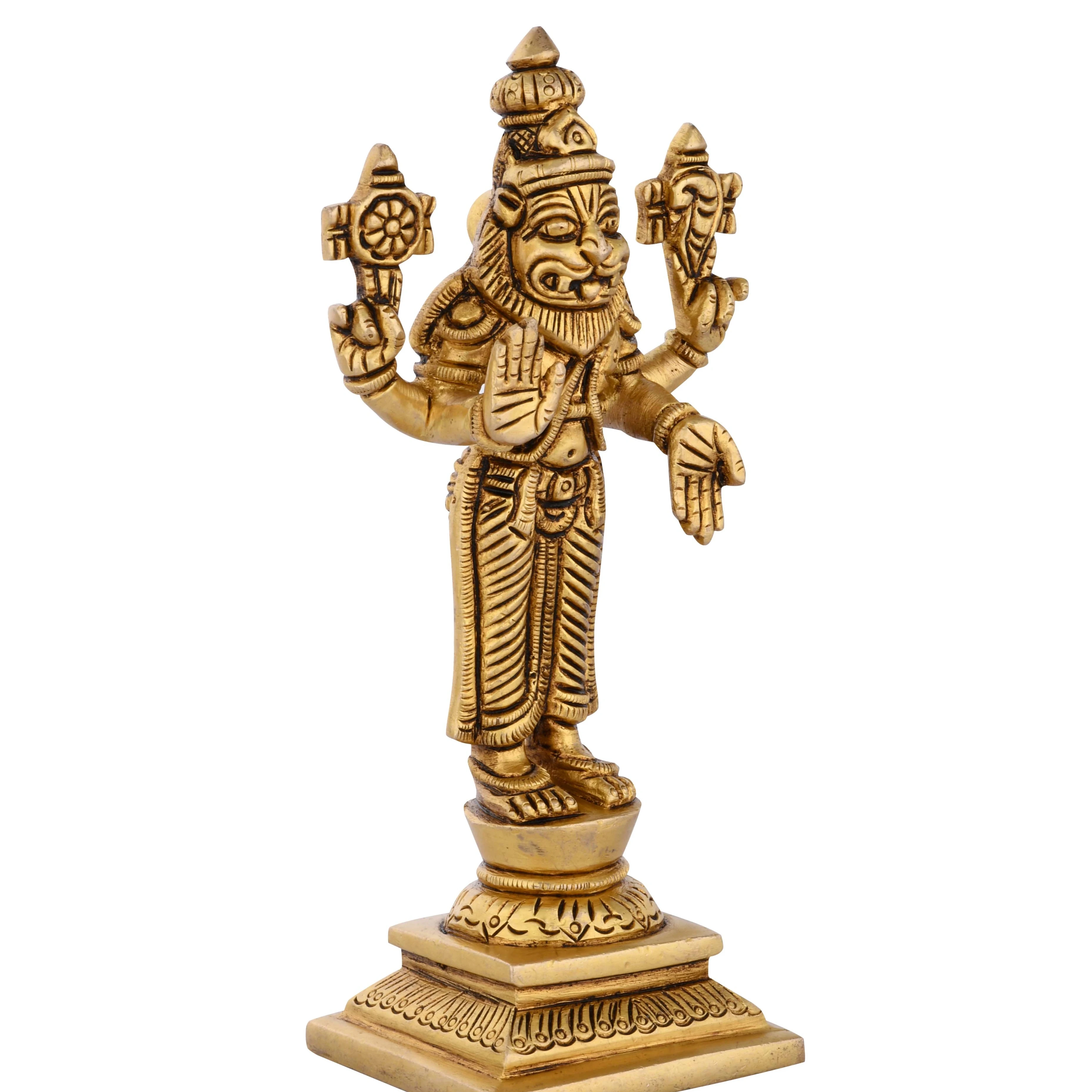 Brass Narasimha Dev Handcrafted Statue 15.2 cm Traditional Hindu Deity Idol Polished 580 gm Standing Devotee