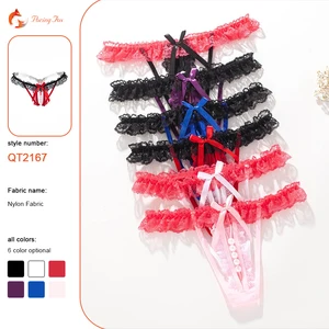 Transparent Lace Crocheted Embroidered Beads Floral Bow Hollow Pearl Anti-Bacterial Eco-Friendly Low-Rise Women's Thong