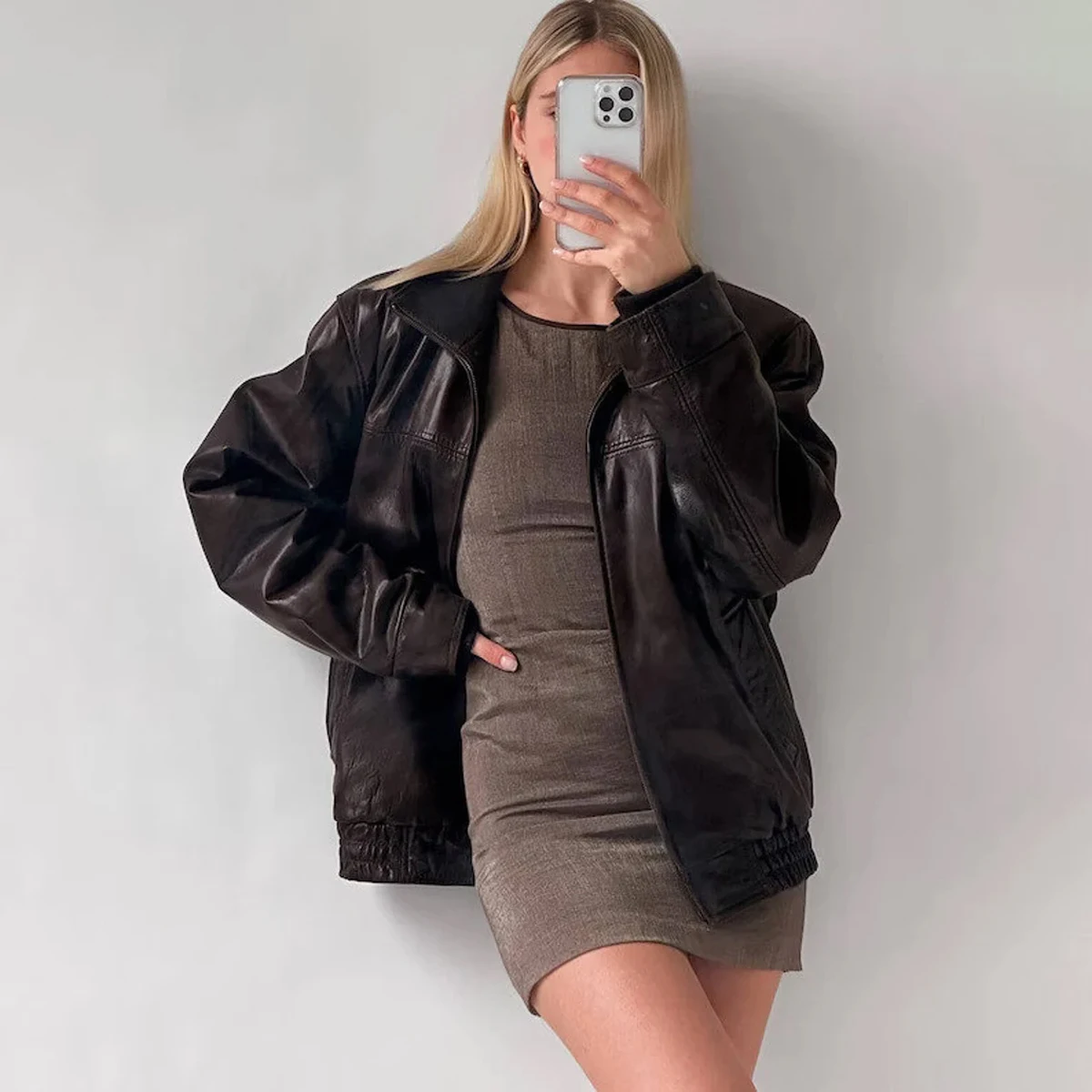 90s Vintage Women's Oversized Straight Lambskin Leather Jacket