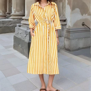 Yellow Striped Shirt Dress With Waist Drawstring Comfortable And Stylish For All-day Wear Available Big Size Wholesale