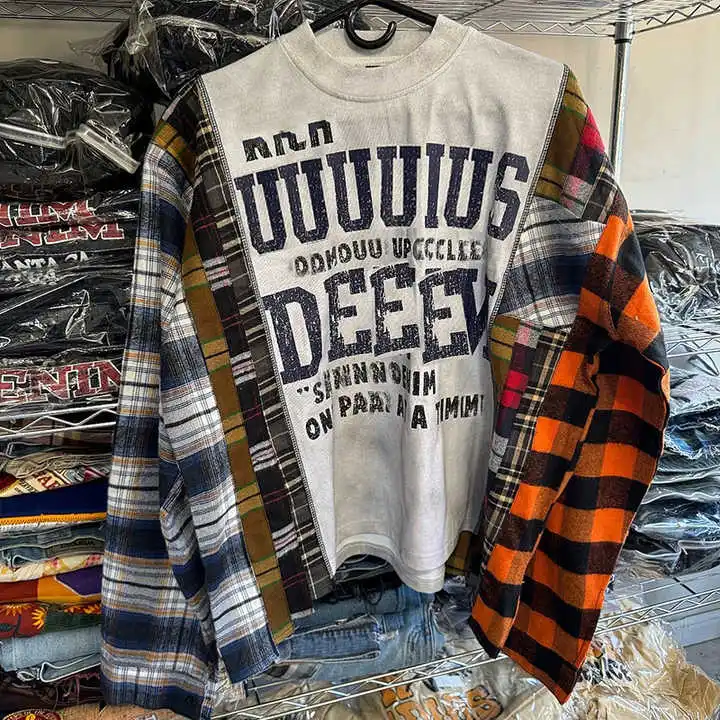 Salati Manufacturer Custom Y2K Oversized Multi Layer Panel Plaid Check Flannel Acid Wash Boxy Full Long Sleeve T Shirt for Men