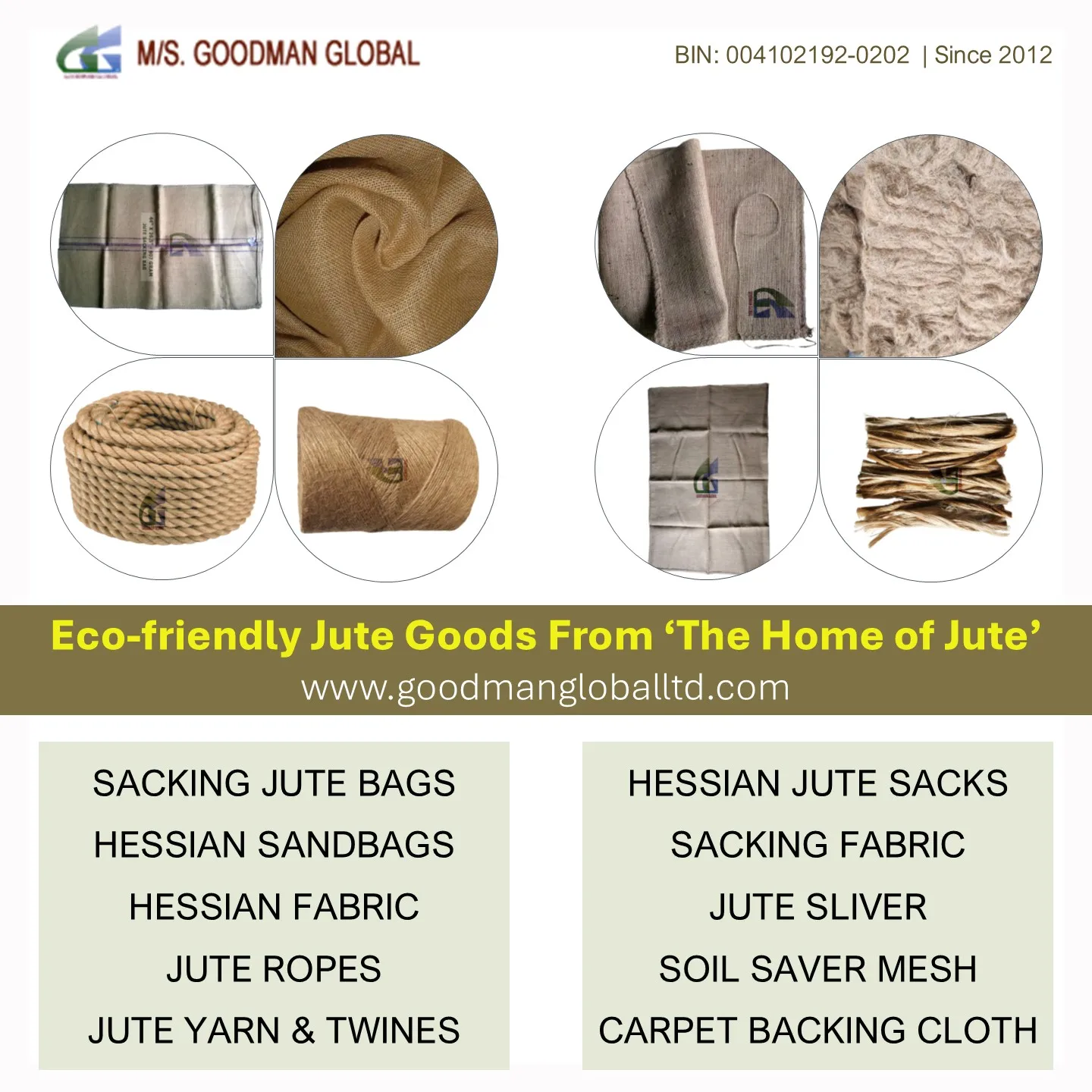 Carpet Backing Cloth 150 Inch Wide 7 oz Fabric Biodegradable Woven Jute Tufting Cloths Manufacturer Goodman Global Bangladesh