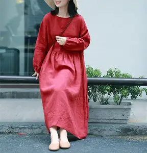Women's Customizable Linen A-Line Maxi Dress Fall Winter Loose Fitting Casual Clothing Long Sleeves Natural Waistline Weaved Top