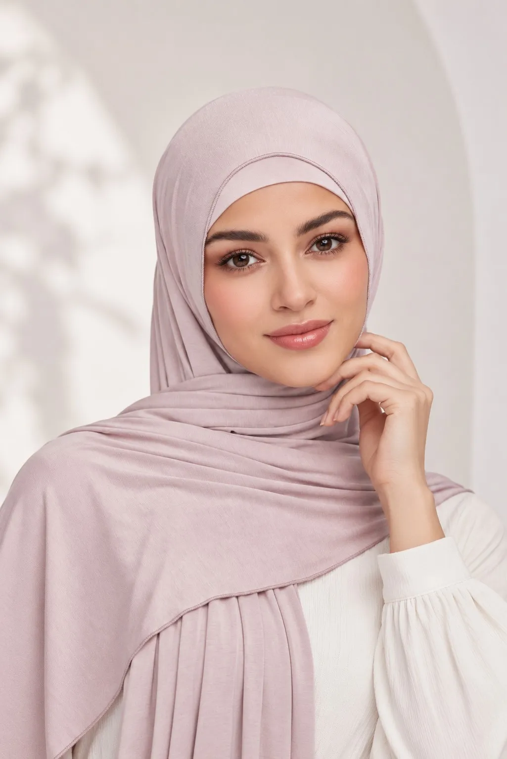 Custom matching bamboo jersey hijab set dusty rose — single model drape portrait view