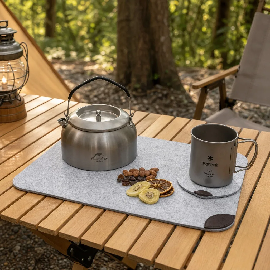 Outdoor camping table scene using the felt camping table mat and round felt coasters