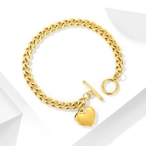 18K Gold Plated Titanium Steel Cuban Chain Heart Bracelet Fashion OT Clasp Bangles with T-Bar Charm Gold Heart OT Jewelry