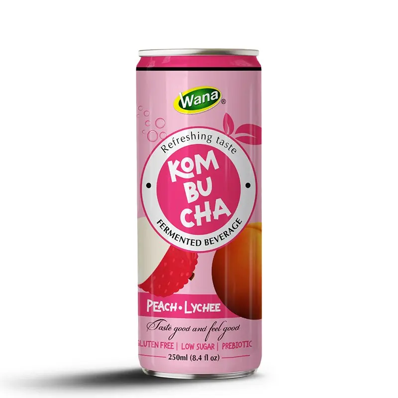 Peach & Lychee Juice Mix With Sparkling Kombucha Drink in 250ml Aluminum Can | Premium Tea Drink- Private Label OEM Beverage