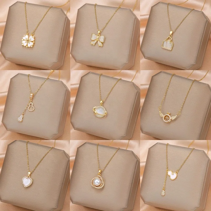 New Design Stainless Steel Necklace for Women and Girls 14K Gold Plated with Zircon Pendant Silver Neck Chain for Gifts