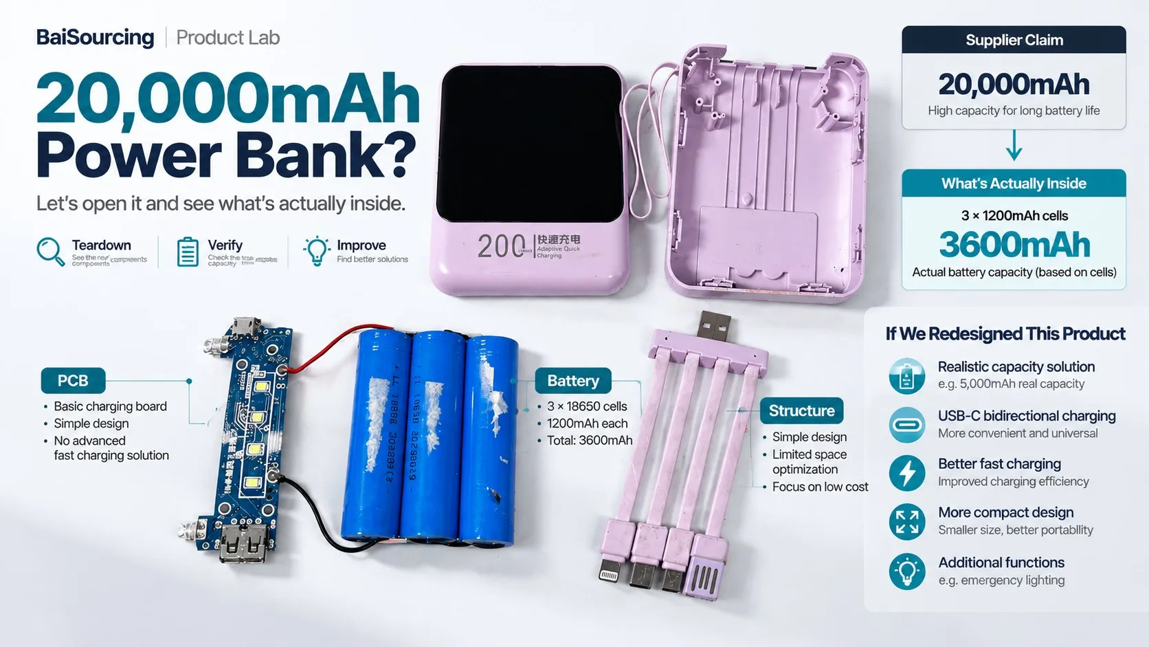 Power Bank Teardown Analysis: 20000mAh Claim Verification and Product Redesign by BaiSourcing Product Lab