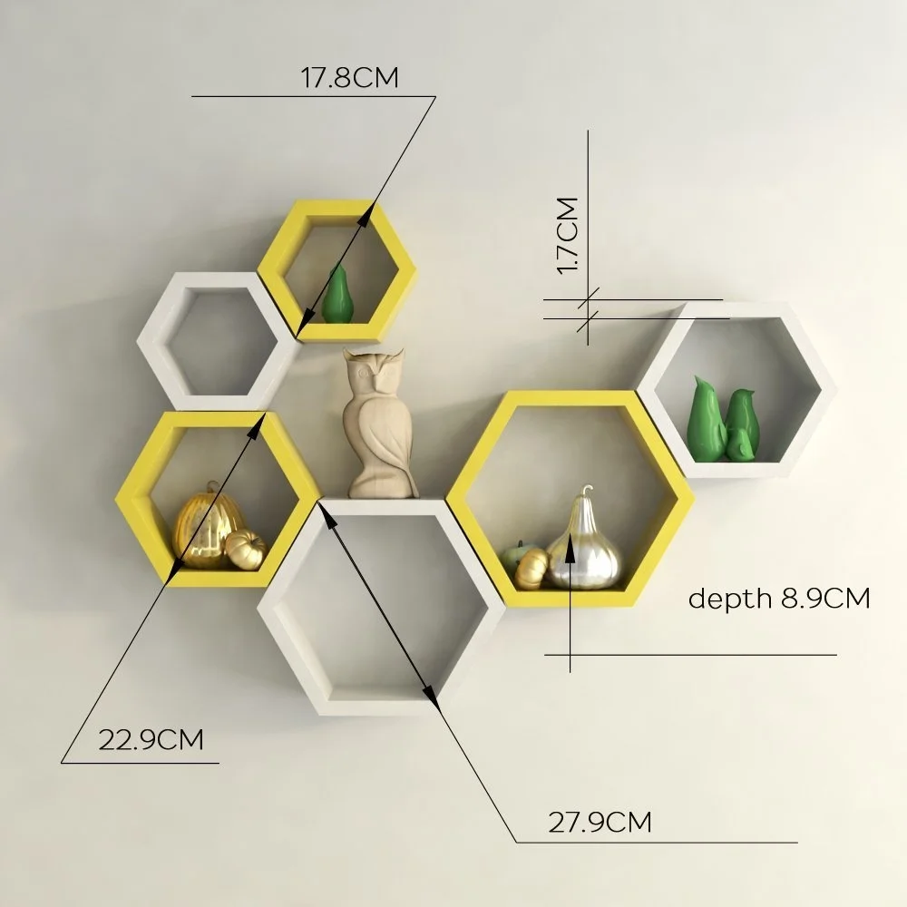 Hexagon Shape Set of 6 Floating Wall Shelves White and Yellow Rack Shelf Wooden Wall Shelf