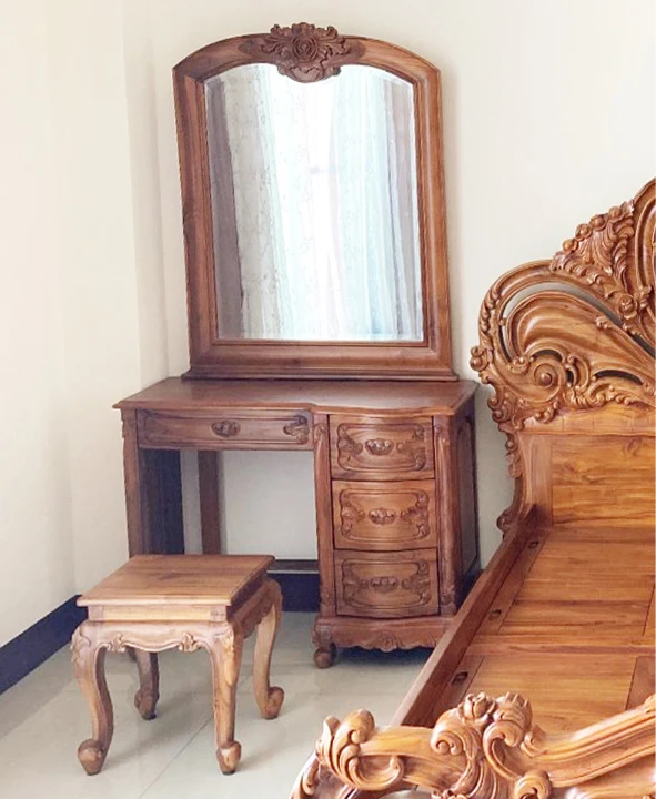Functional and Gorgeous Handcrafted Dressing Table with Mirror and Dressing Stool with Roses Carving for Bedroom