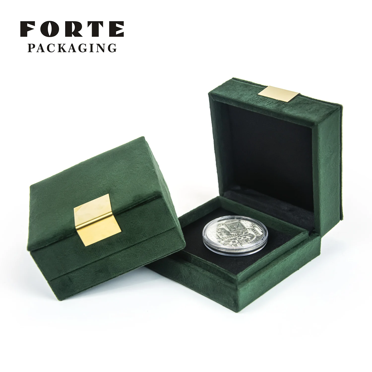FORTE 커스텀 로고 럭셔리 코인 전시 박스 그린 주얼리 포장 디자인 벨벳 스퀘어 코인 박스