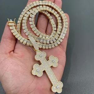 925 Sterling Platinum Plated High Quality Moissanite Cross Shape Hip Hop Style Pendant Customized Iced Fine Jewelry Charms Chain