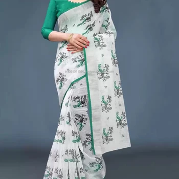 Traditional Printed Daily Wear Cotton Linen Beautiful Saree Party Wear blouse wholesale for Indian Women's