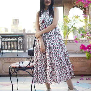 Women's Hand-Block Printed Cotton Dress 100% Sustainable Tiered Solid Pattern Maxi Dress for Autumn/Season Seaspn