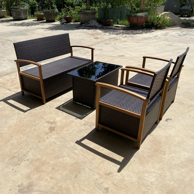 Patio Furniture Set,Pe Wicker Outdoor Furniture And Acacia Wood,4 Piece