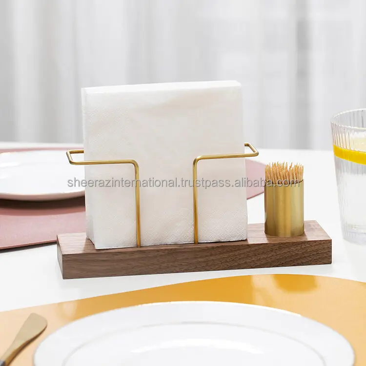 Solid Wood And Iron Tissue Holder With Toothpick Holder Table Napkin ...