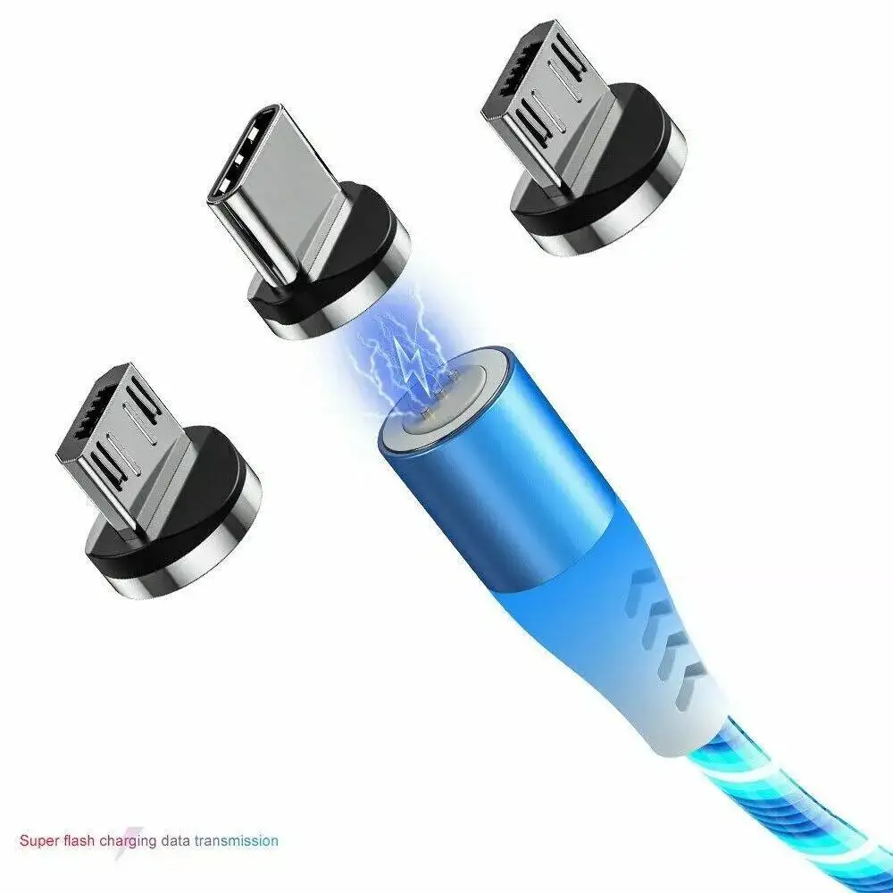 Mobile Phone Magnetic Type C Cable Charger Data Line 1M 2.4a Current Output Usb Cable With Magnetic 3 in 1 Led Charging Cable