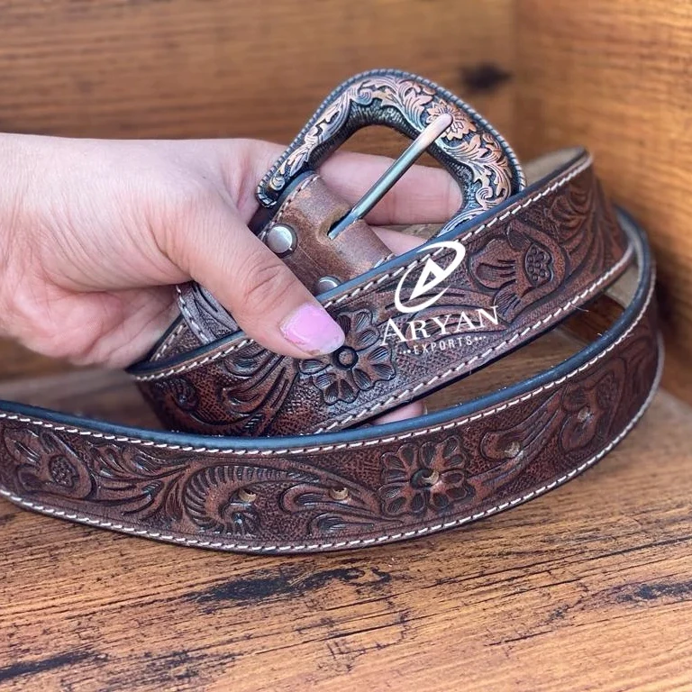 Leather Belt Custom Silver Buckles Men's Western Cowboy Big Buckle