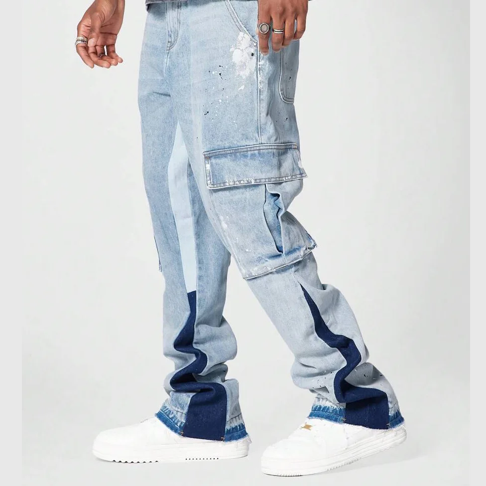 High Quality Streetwear Custom Contrast Color Paint Splatter Slim Flared Jean Stacked Flare Denim Pants Men_voghion.com